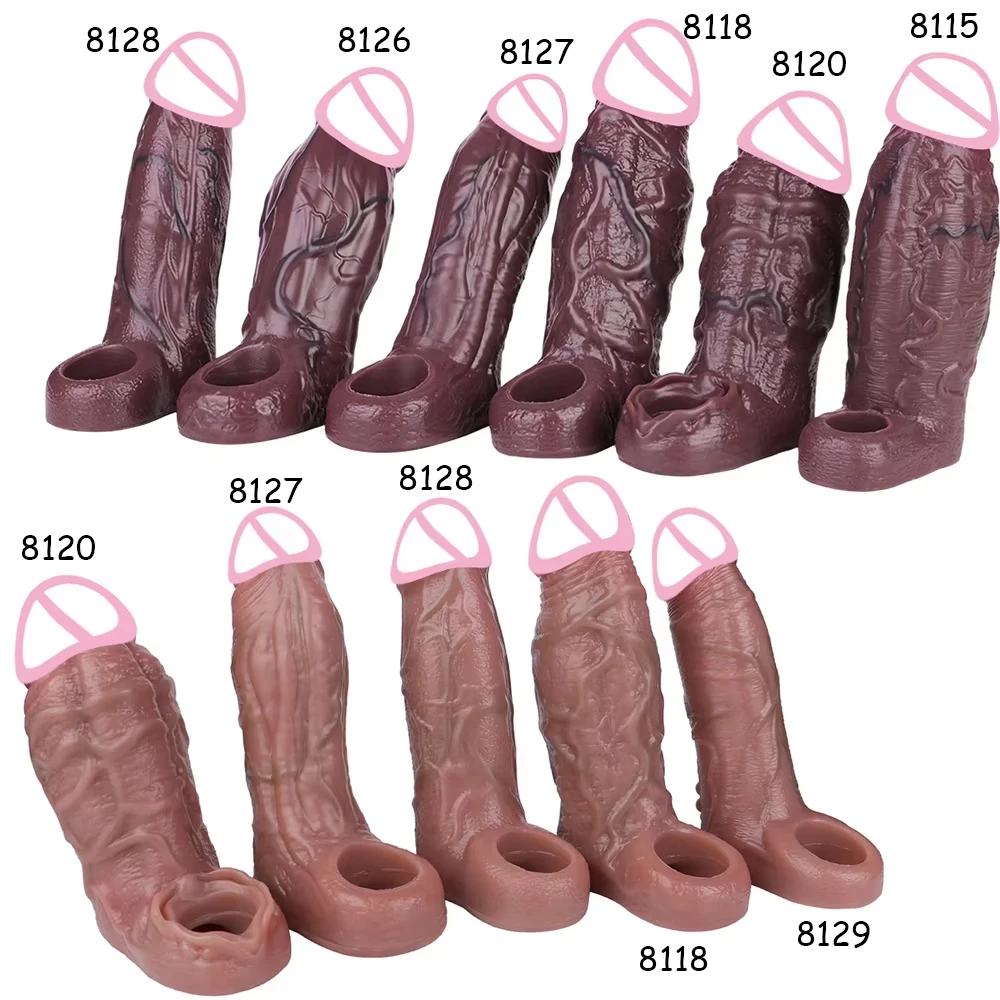 NNSX Silicone Black Dildo Sheath Skin-like Penis Sleeve with Glans Delay Ejaculation Cock Ring Sex Toys Men Cock Enlargement 18 view 2