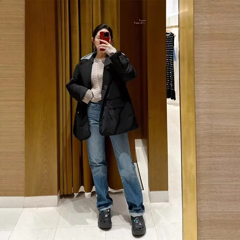 

Осенне-зимняя новая женская повседневная черная лоскутная свободная хлопковая куртка с капюшоном и ромбовидными украшениями