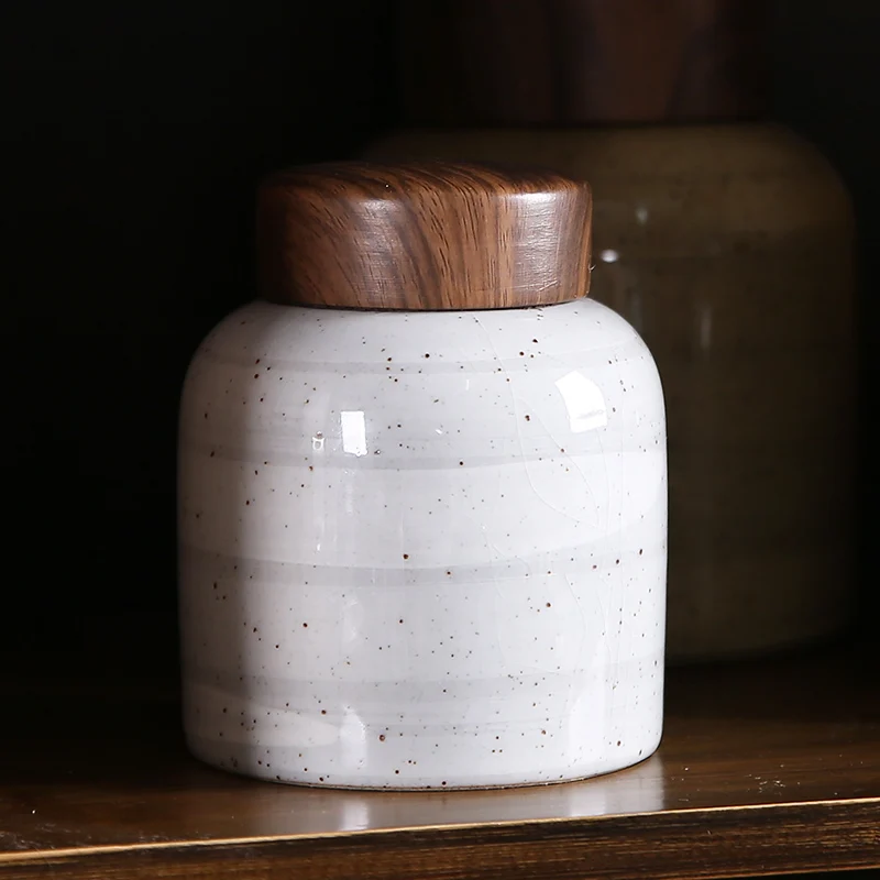 Retro Wooden Lid Ceramic Storage Jar Moisture-proof Sealed Tea Canister Candy Jar Food Storage Container Crafts Home Decoration