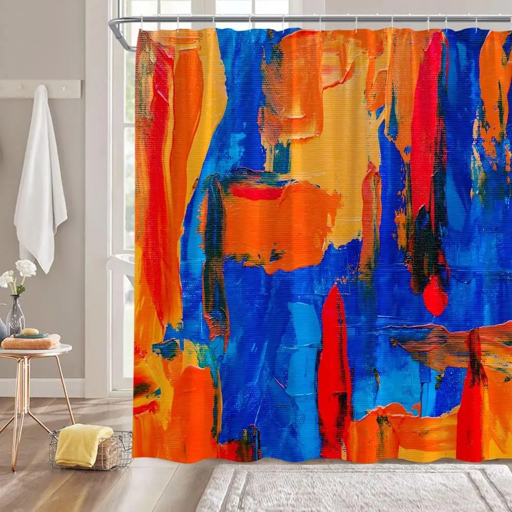 

Сине-оранжевая занавеска для душа Burnt Navy Blue Orange Абстрактная картина маслом Современное искусство 70 дюймов Wx70 H Занавеска для декора ванной комнаты с крючками