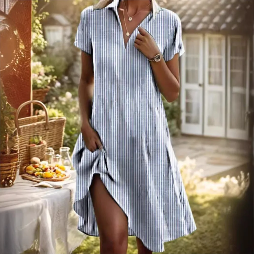 Elegant Slim A-Line Knee Length Boho Shirt Dress 2024 Fashionable New Women's Short Sleeved Printed Casual V-neck Dress Vestidos