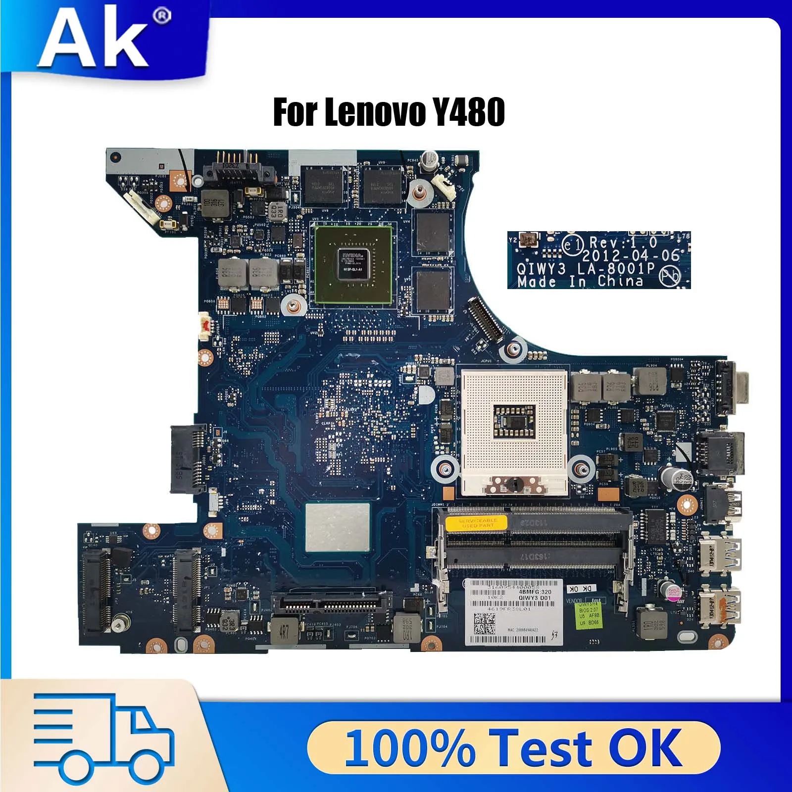 

LA-8001P Main Board For Lenovo Y480 Motherboard HM76 DDR3 GT640M 2GB GPU 100% Test OK