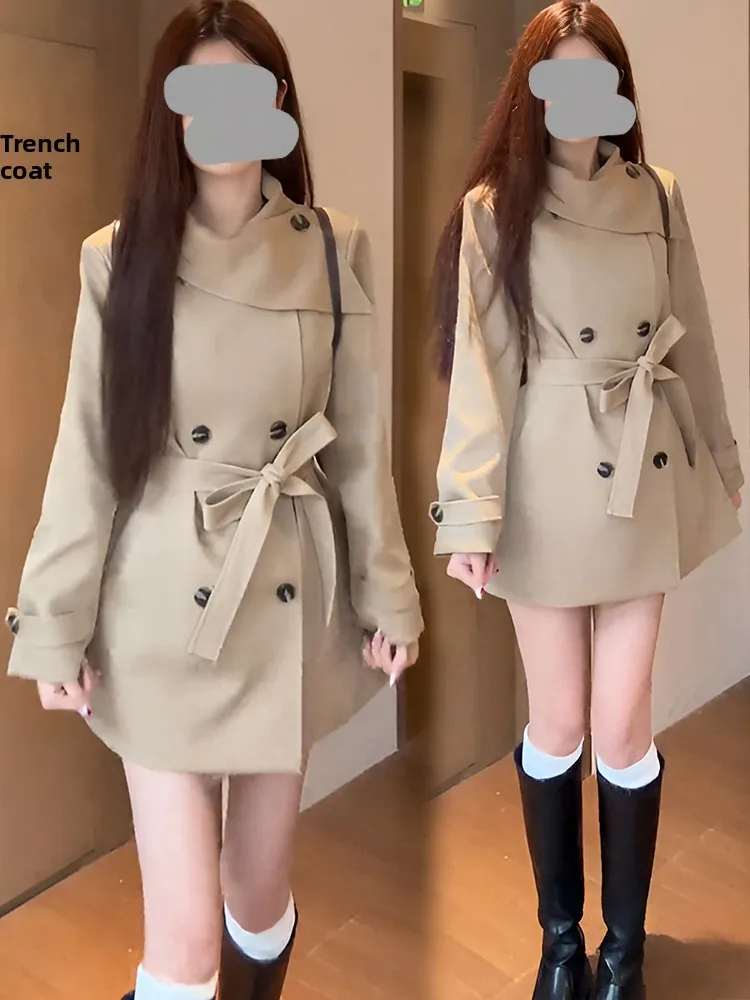 

Корейский стиль: Новое модное женское пальто весна-осень с поясом, элегантное, с длинными рукавами, средней длины, однотонное, двубортное.