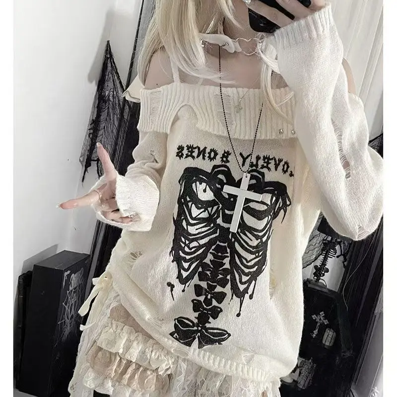 Sweater Y2k Tops Punk Skull Gothic Women Clothes Winter Streetwear Hole Kawaii Loose Outerwears Pullovers Sweater Femme Clothing