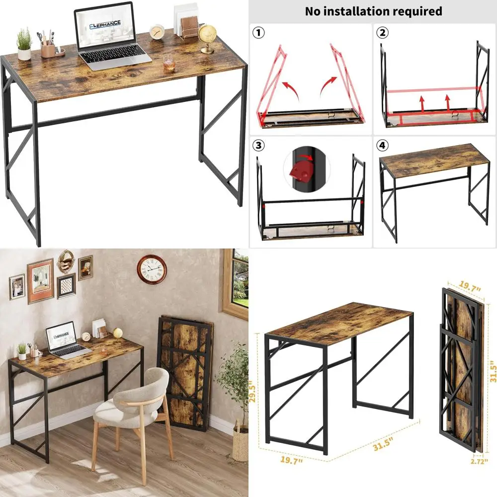 Folding Writing Desk for Home Office - Compact Foldable Computer Desk for Small Spaces, Ideal Study Table for No-Assembly Conven