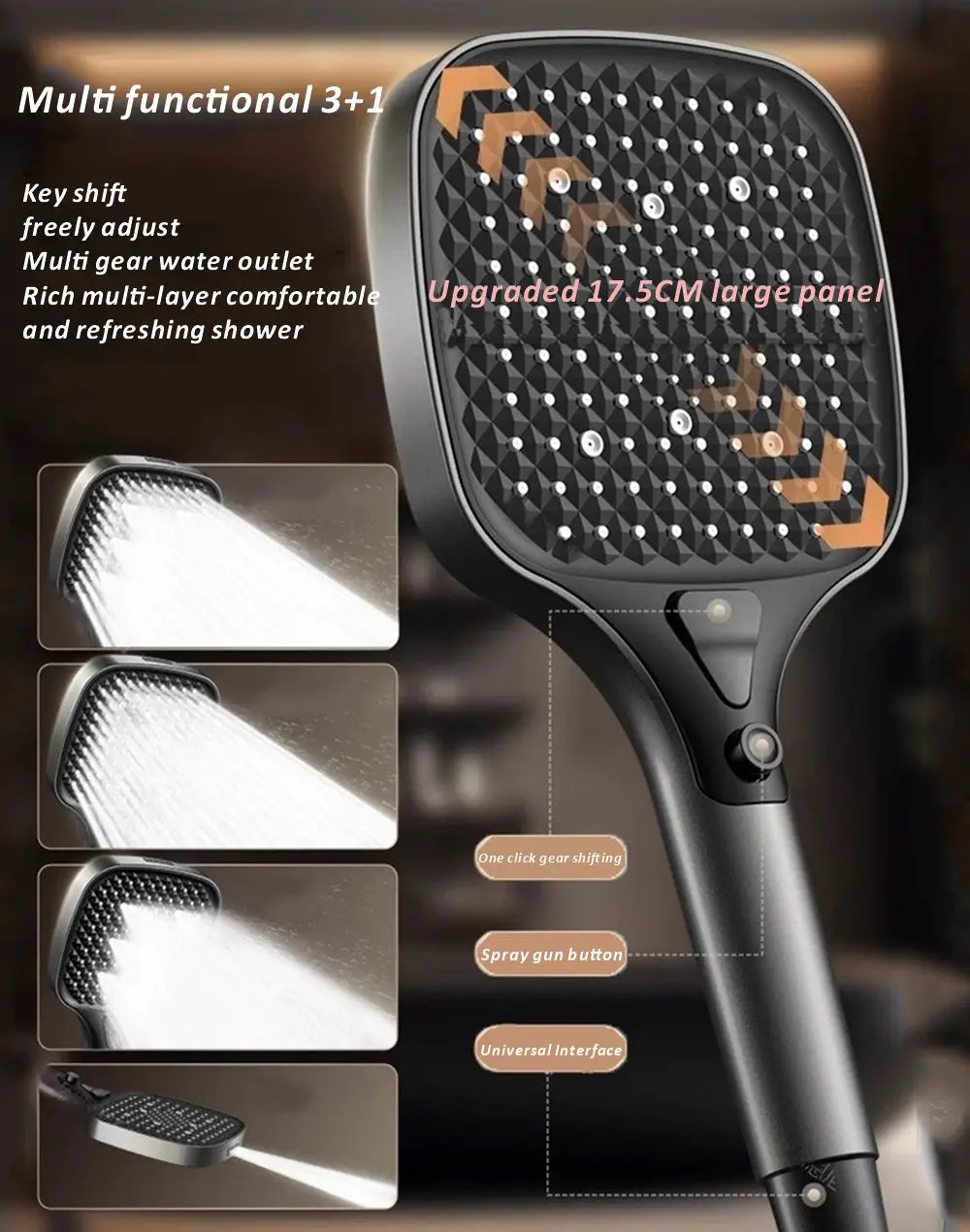 

New 17.5CM Big Panel 4 Modes Adjustable Shower Head High-pressure Water-saving Shower Mixer Nozzles Bathroom Accessories