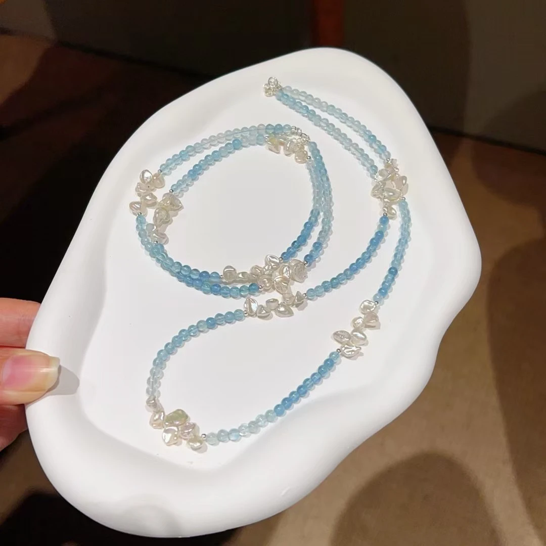 

Natural Aquamarine Necklace, Luxury Minimalist Collarbone Chain with Pearl Flower Petal Accents, Unique Designer Jewelry