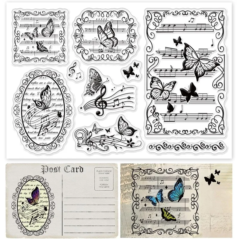 1Sheet Butterfly Clear Stamps Music Note Silicone Rubber Stamp Film Frame Transparent Seal Stamps for Wedding Party Invitation