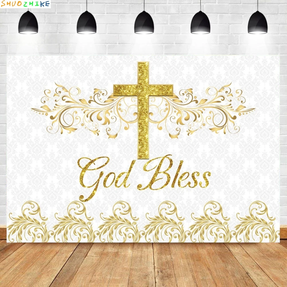 Tuhan memberkati Komuni Pertama saya bayi Baptis papan kayu latar belakang dinding anak laki-laki perempuan salib emas bunga biru latar belakang fotografi