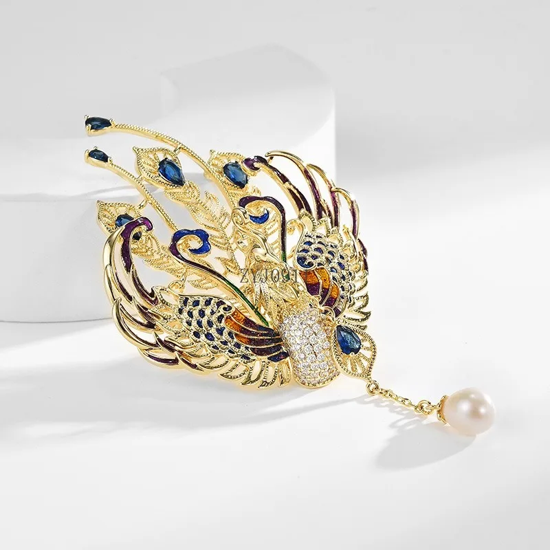 الذهب الحقيقي مطلي مائة الطيور Chaofeng الفاخرة فينيكس بروش أنثى اللؤلؤ الذكية مهدب دبوس