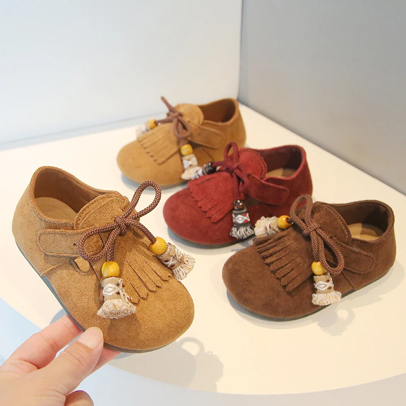 

Tassel Bead Decoration Suede Leather Children's Casual Leather Shoes Autumn Girls Comfortable Soft Bottom Anti Slip Bean Shoes