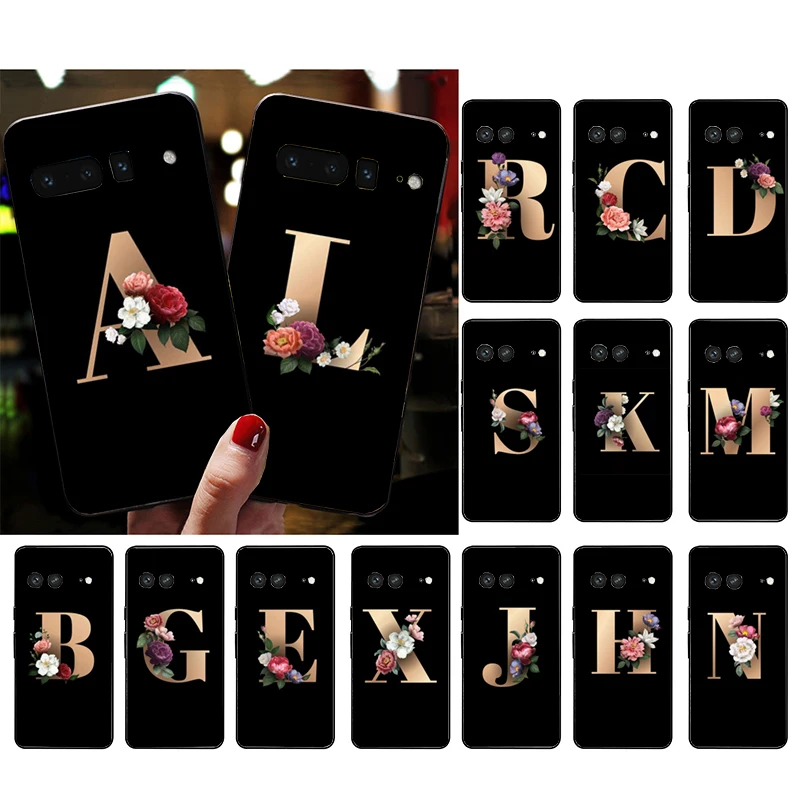 

Phone Case For Google Pixel 10 9 Pro XL 9A 8 7 6 Pro Pixel 8A 7A 6A Pixel 8 7 6 5 Gold Peony Flower Name Letter Initials DIY