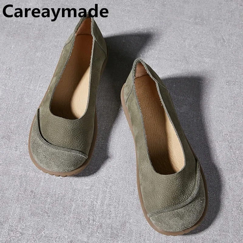 Careaymade-Genuine leather women\'s shoes,loose round Retro Flat Bottom Casual Single Shoes,One Step Shallow Mouth Women Shoes