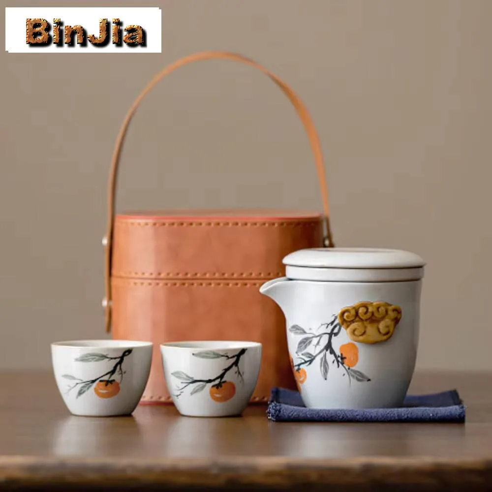 

Ручная роспись хурмы, разделение воды, чайный сервиз, набор, 1 горшок, 2 чашки, портативная дорожная кожаная сумка из искусственной кожи, аксессуары, подарок, ремесло