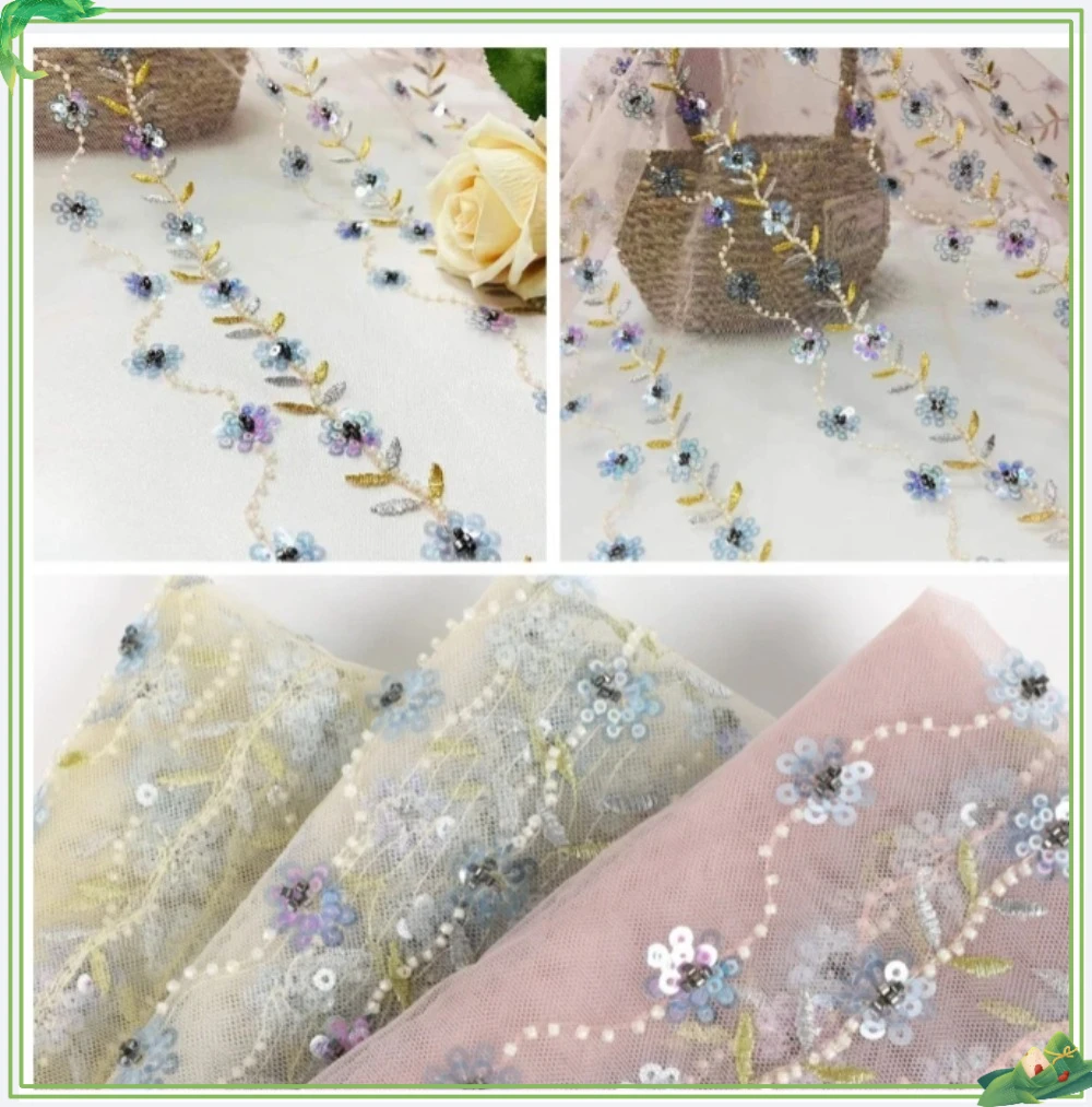 

Жемчужная трубка, синяя цветочная сетка, вышитая блестками ткань для женской одежды, детская одежда, свадебные платья и официальная одежда