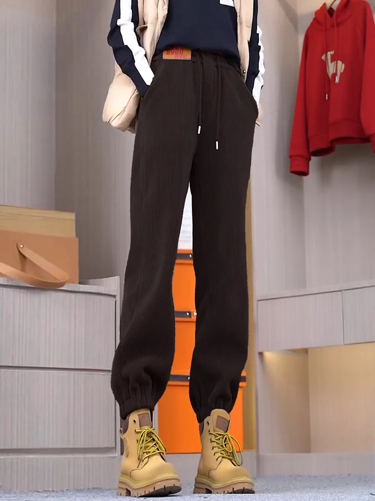 

Women's Corduroy Pants Autumn Winter Thickened Fleece Casual Loose Sweatpants High Waist Elastic Fiber Polyester Spandex