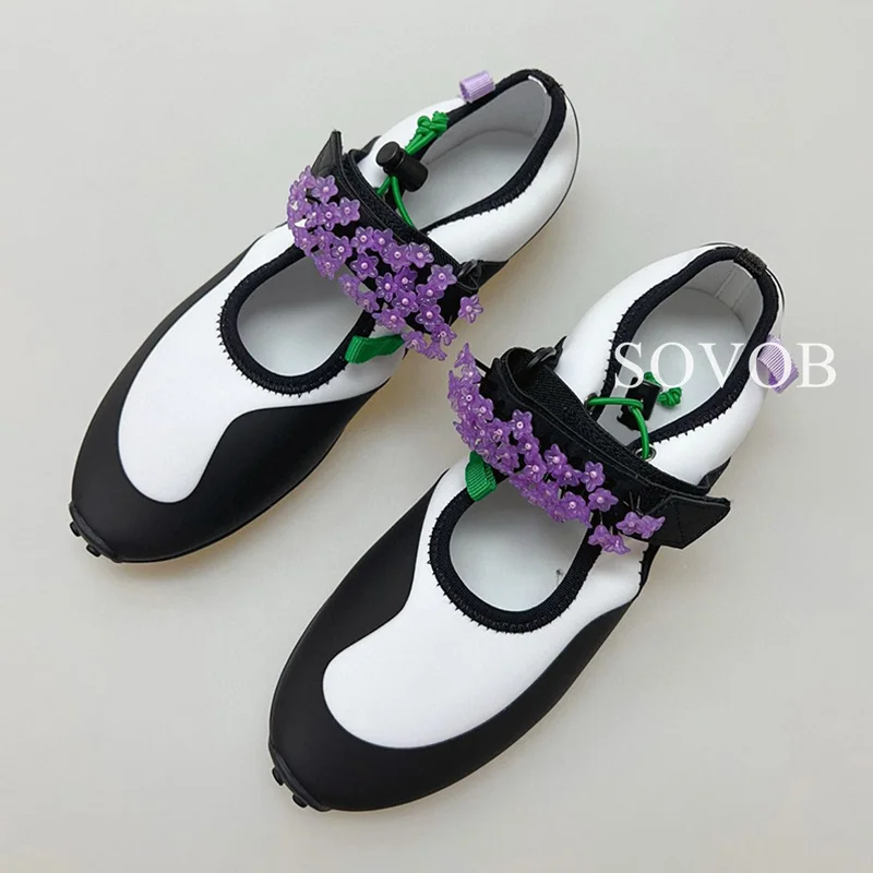 Spring Autumn Crystal Flower Decorative Ballet Shoes Women Color Blocked Breathable Shallow Mouth Flat Bottom Mary Jane Shoe