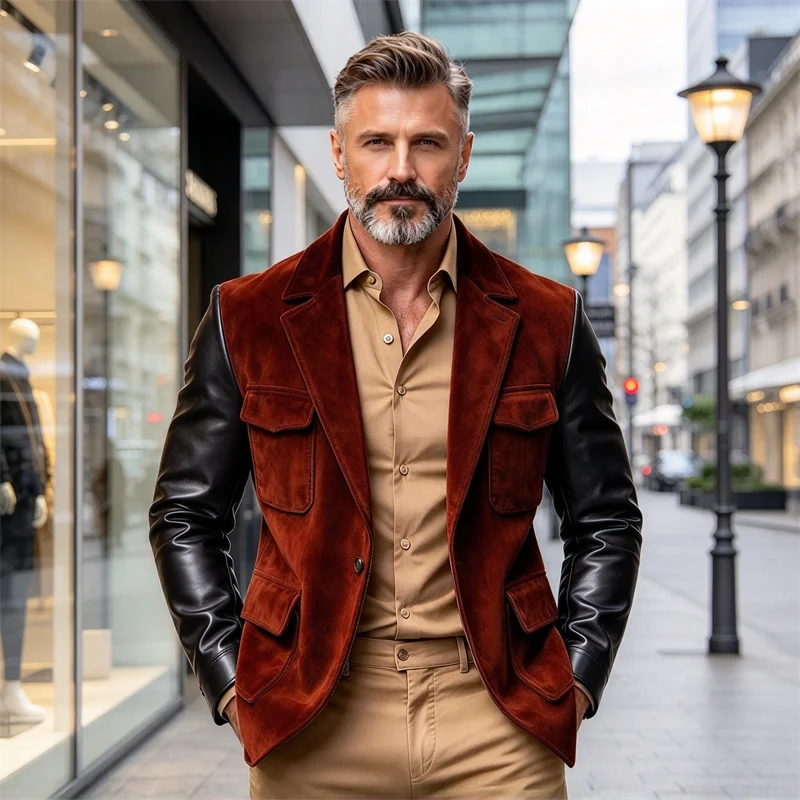 Men's Suede Blazer Contrast Leather Sleeves Multi Pockets Jacket For Party Office Night Out Streetwear Casual Business Wear