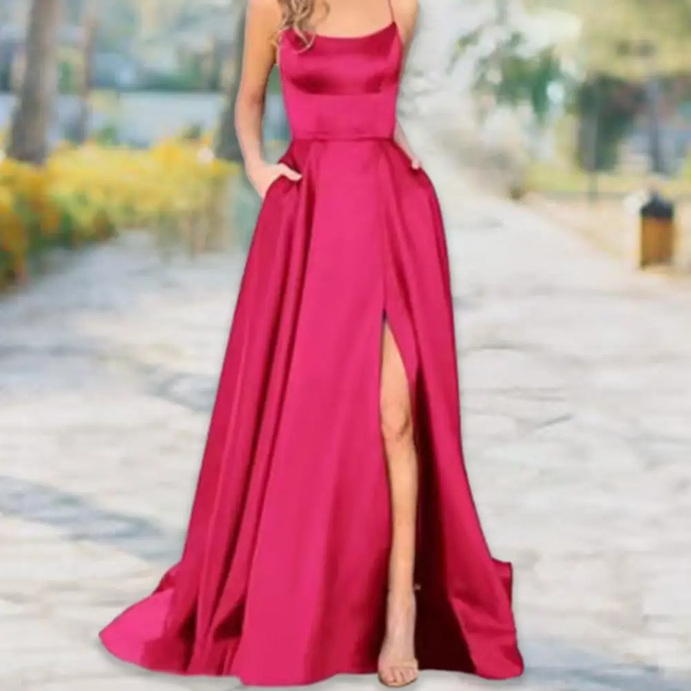 

Gown Dress Elegant Sleeveless Formal Prom Maxi Dress High Waist Side Split Thigh Hem Sling Dress