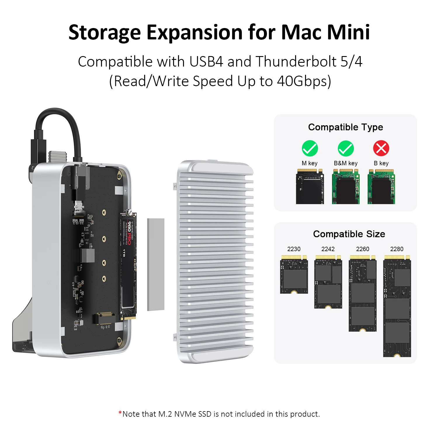 Qwiizlab 40Gbps Mac mini M4/M4 Pro対応スタンドハブ、NVMe SSD