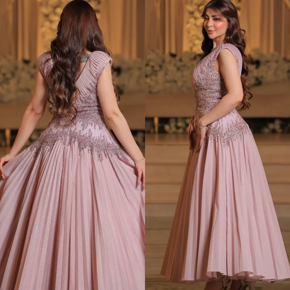 

JDY Custom Luxury Evening Gown Modern Style Blush Pink Pleated Beaded Dress for Wedding Party Prom فساتين سهرة