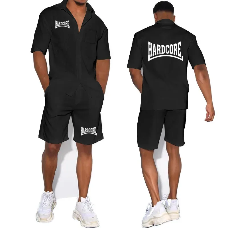 Hardcore Summer men's shirt set Luxury trend Short sleeve solid color street men's short sleeve set (T-shirt + shorts)