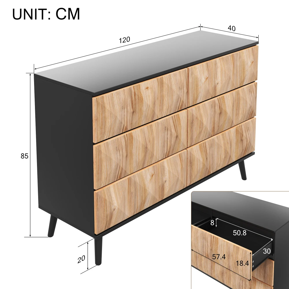Das Sideboard und die Kommode von PINGGO zeichnen sich durch eine Kombination aus Schwarz- und Naturholztönen sowie durch erhabene Türen aus. – Detail 5