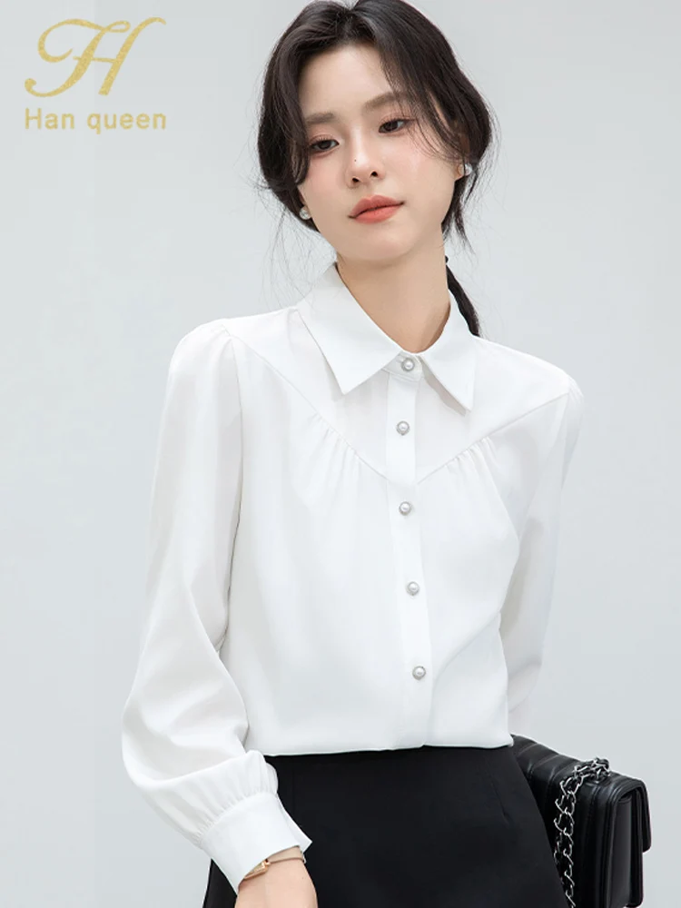 

H Han Queen Simple Basic Casual White Shirt Korean Style Loose Blouses Women's clothing Office Chiffon Blouse Long Sleeve Tops