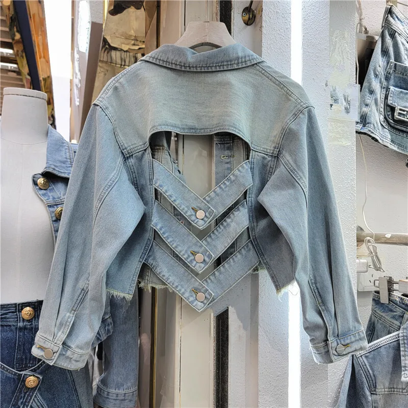 Back Irregular Hollow Design Denim Jacket Blue Black Slim Short Cowboy Outwear Lapel Long Sleeve Jeans Jacket Spring Women New