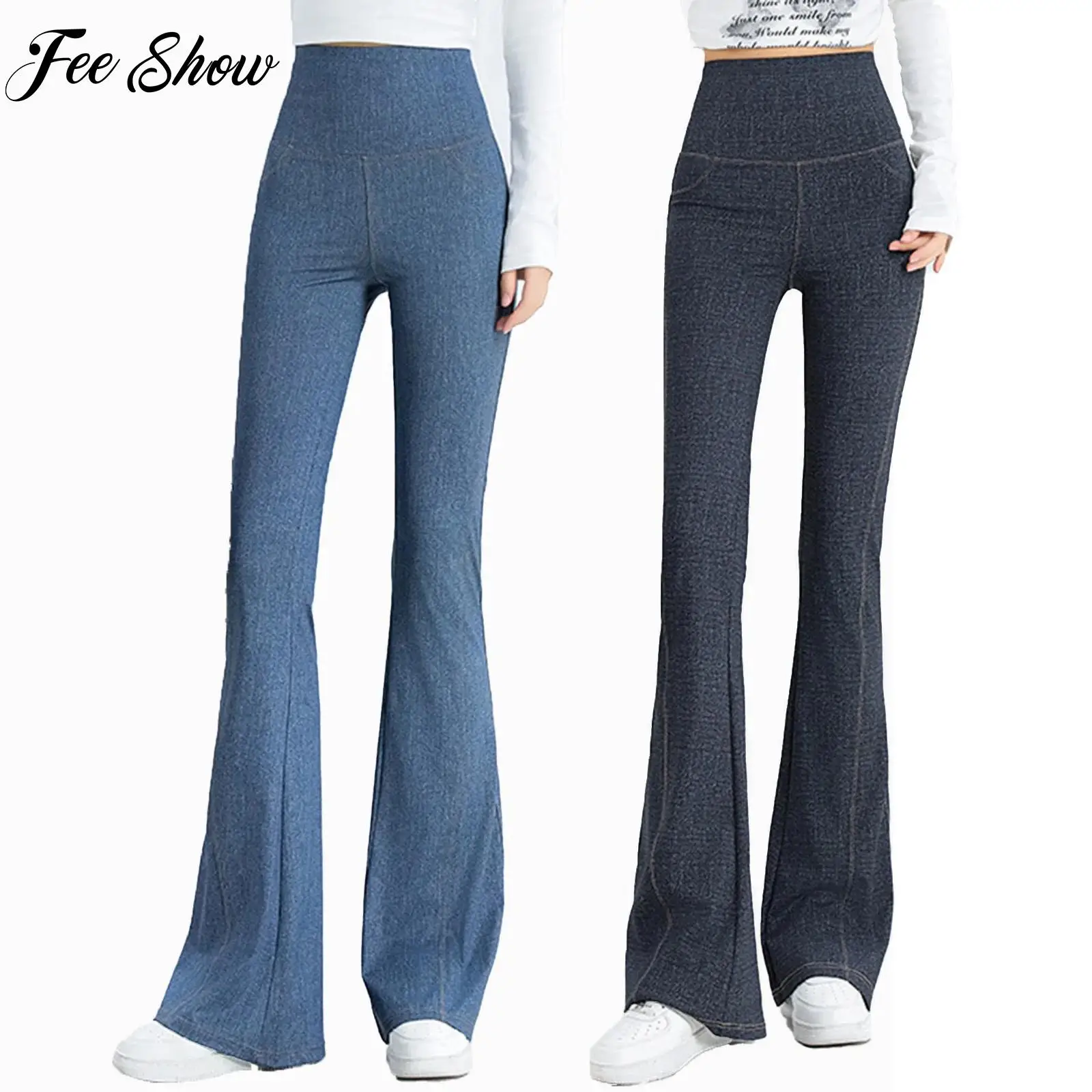 

Womens Seamless Stretchy Flared Jeans Yoga Pilates Gym Workout Costumes High Waist Bell-Bottom Denim Pants Streetwear Sportswear