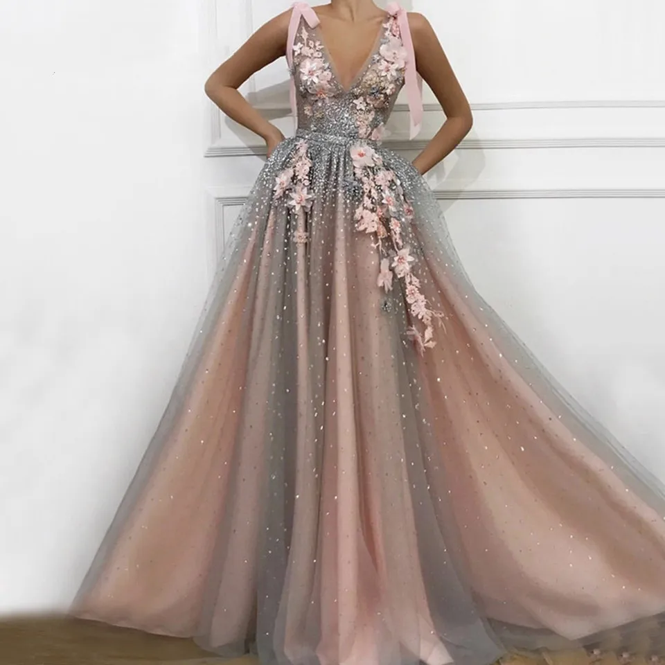 2022 Flesh Roze Tulle Prom Maxi Jurken Elegante Vrouwen Formele Party Night Lange Appliqus Gewaden Luxe Avondjurken Vestidos Gala