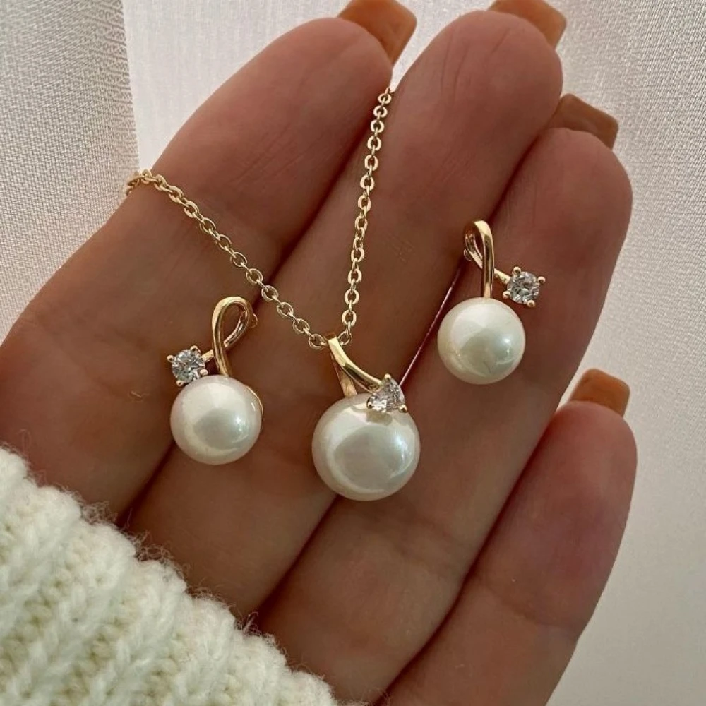 3Pcs/Set Fashion Simple Temperament Imitation Pearl Pendant Earrings Necklace Three-Piece Sets for Women Trend Jewerly Set Gif