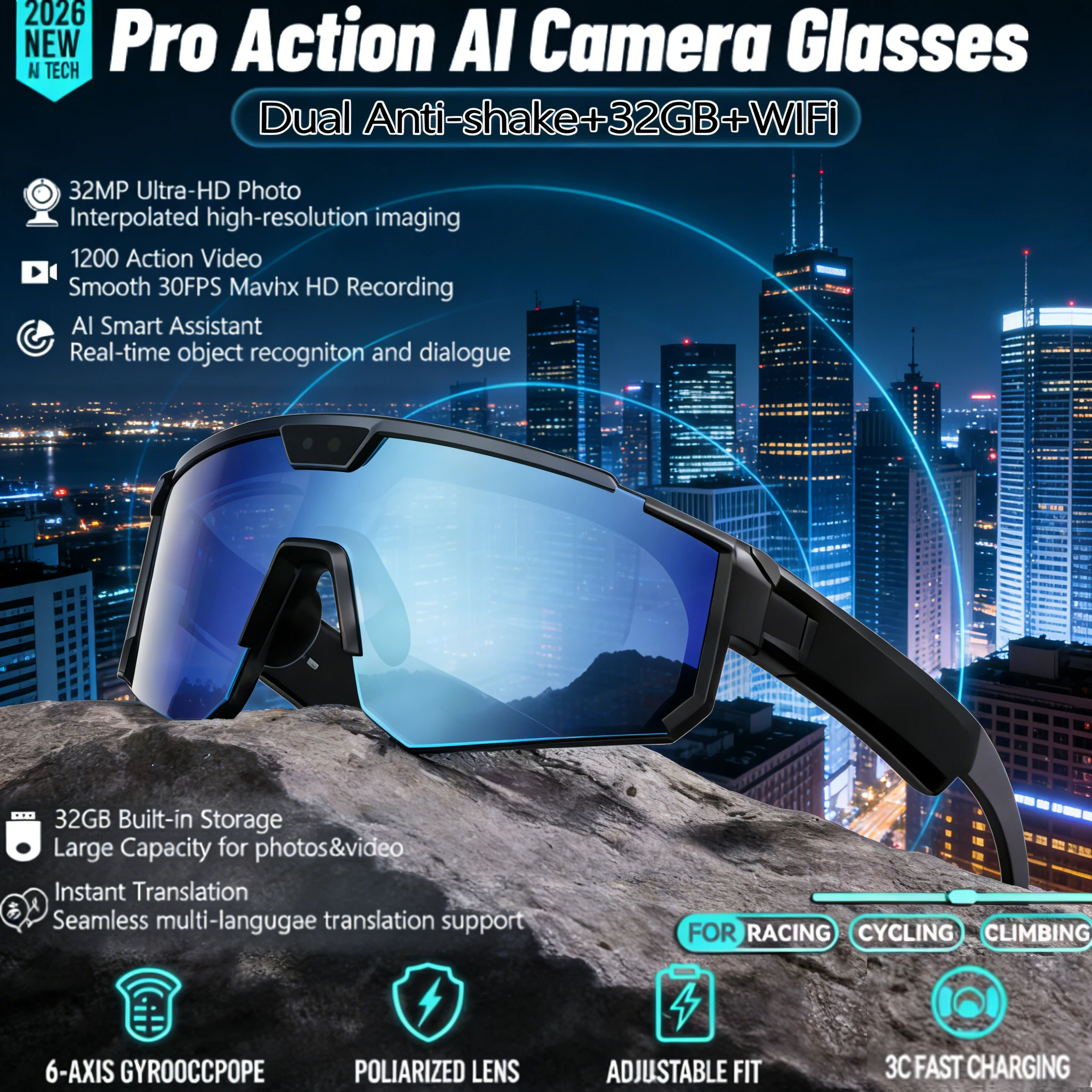 

Новые умные очки для велоспорта 2026 года с камерой 8 МП, записью видео 1200P, двойным чипом, AI-переводчиком, Bluetooth-звонками, GPT и спортивными функциями для мужчин и женщин