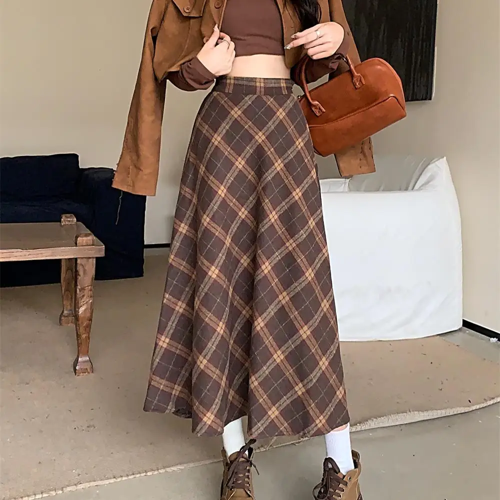 

Женская клетчатая юбка миди больших размеров (до 300 фунтов), с завышенной талией, А-силуэт, длинная, осенне-зимняя, модная, в стиле ретро, американский стиль