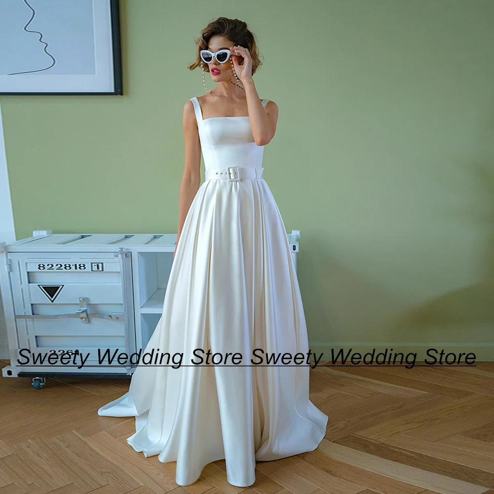 

Jiayigong Modern Satin Wedding Dress Square Neck Sleeveless Sweep Train Backless A Line Simple Bridal Dresses Vestido De Noiva