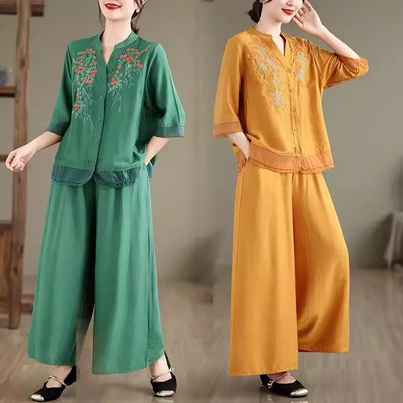 Retro Ramie Stand Collar Embroidered Top + Wide Leg Pants 2 Piece Set Ethnic Style Popular Clothes Women's Versatile Outfit K843