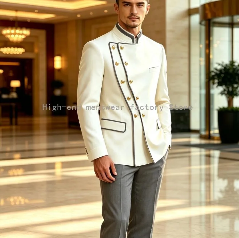 Men Stand Collar Suit Gold Buttons Slim Fit White Jacket +Color Matching Pants 2 Piece Wedding Groom Tuxedo Party Formal Costume
