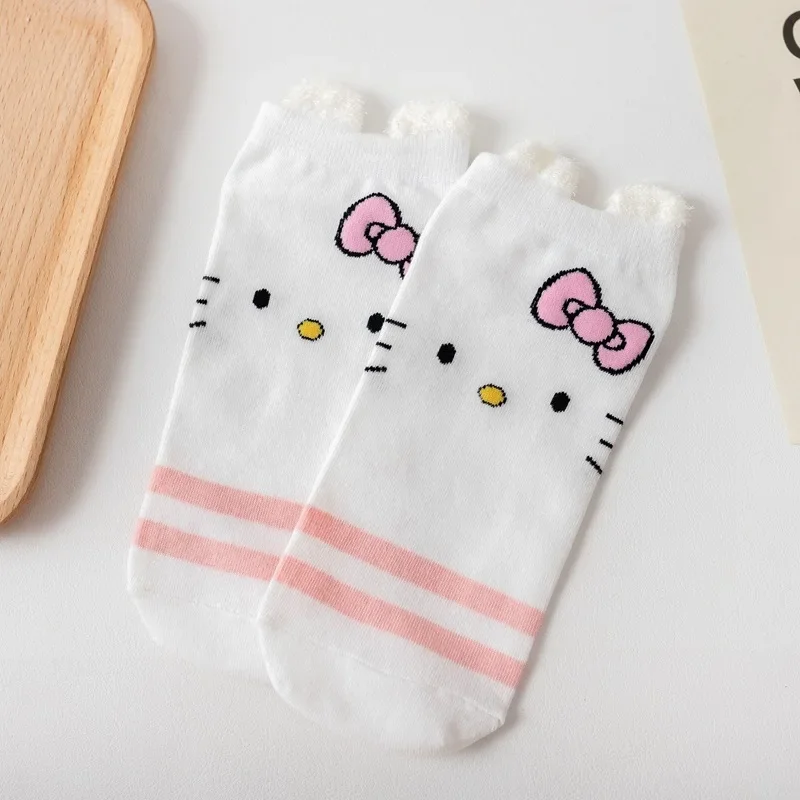 Sanrio HelloKitty Pink Socks Girl Cute Cartoon Short Harajuku Anime Print Kawaii Three-dimensional Ear Cotton Women\'s Boat Socks