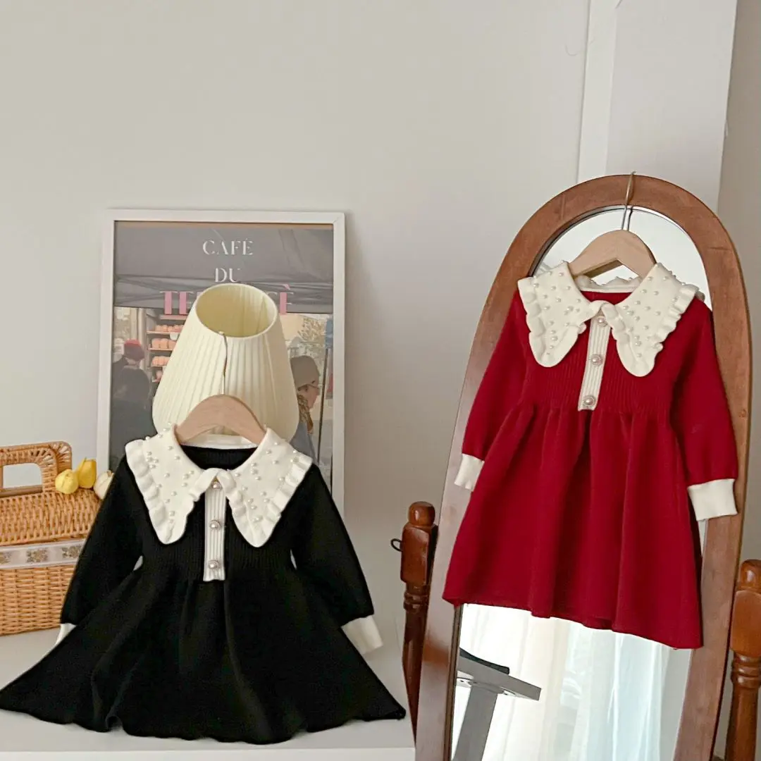 

Girls' Sweater Dress Baby Pearl Collar Sweet Little Girl Princess Dress Children's Doll Collar Autumn/Winter Girls Clothing