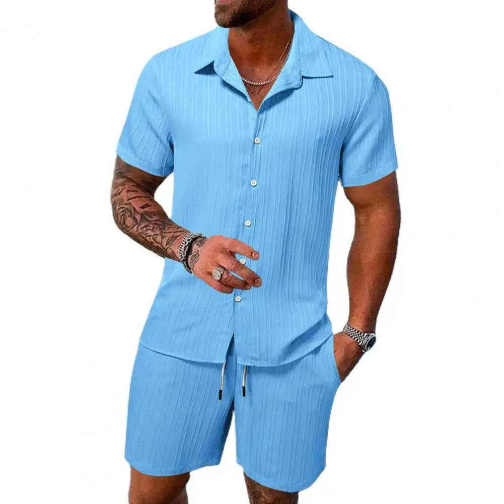 Conjunto casual de camisa e shorts de lapela masculino, calção de cintura com cordão, roupa solta de cor sólida, verão