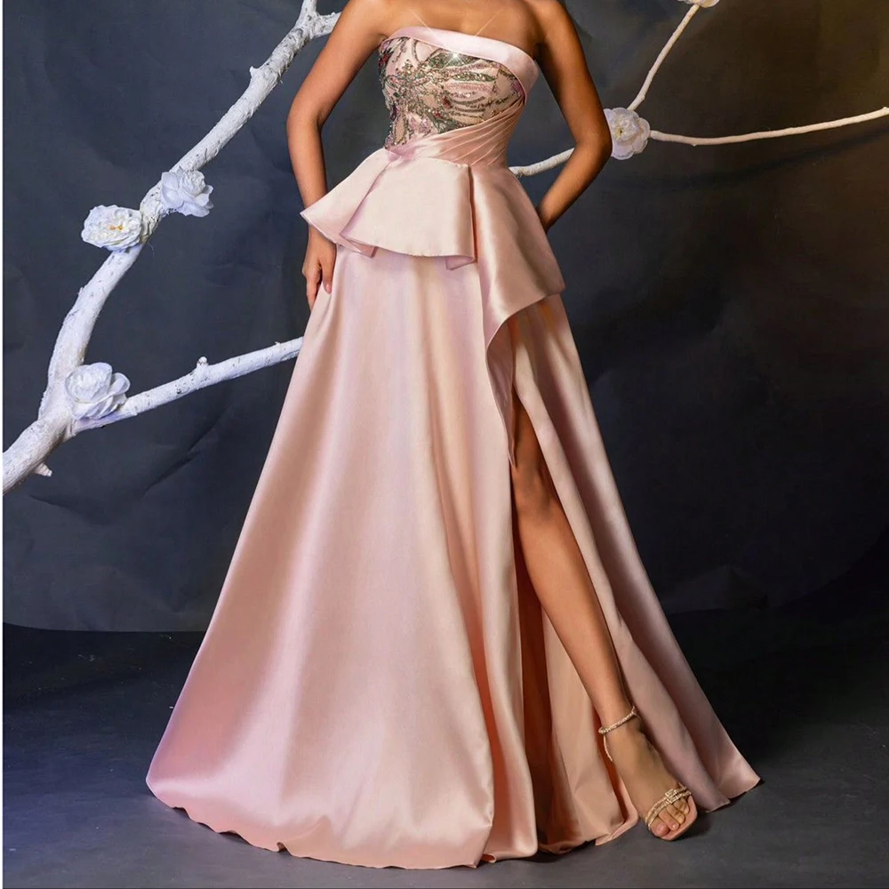 فساتين سهرة مخصصة على شكل حرف A بطول الأرض بدون حمالات بدون أكمام فستان حفلات موضة مطرزة بطيات بسيطة ثنيات للحفلات