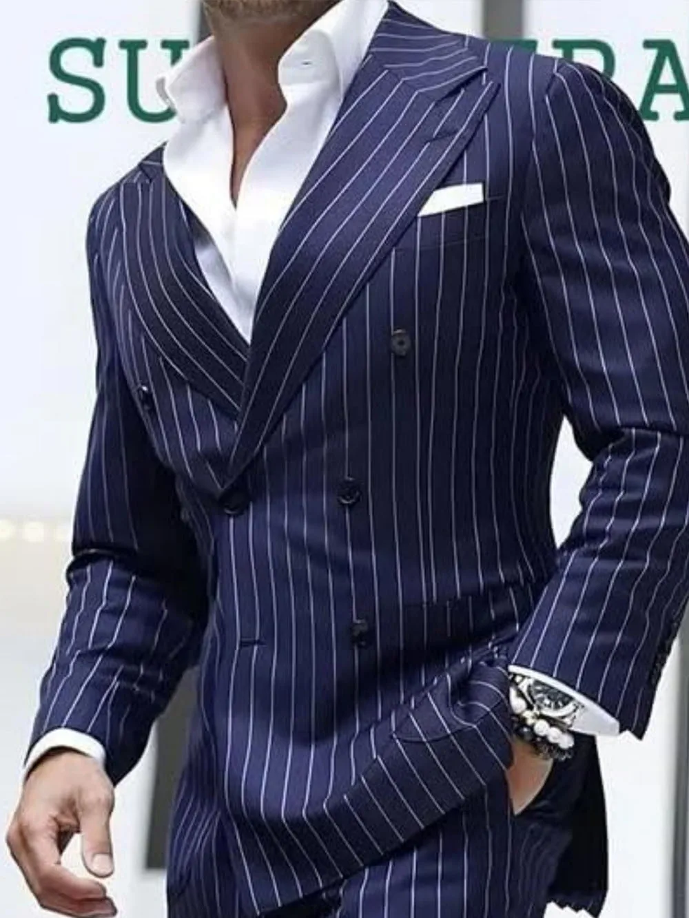 بدلات رجالية مخططة سوداء 2 قطعة طية صدر السترة مزدوجة الصدر ملابس رجالية للحفلات الراقصة وحفلات الزفاف الأنيقة (سترة + بنطلون) فستان العريس