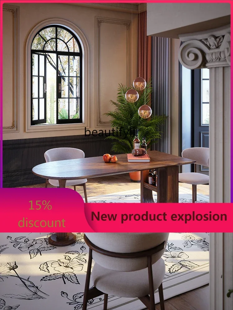 

Q132 French medieval solid wood dining table oval semicircular table household walnut dining table