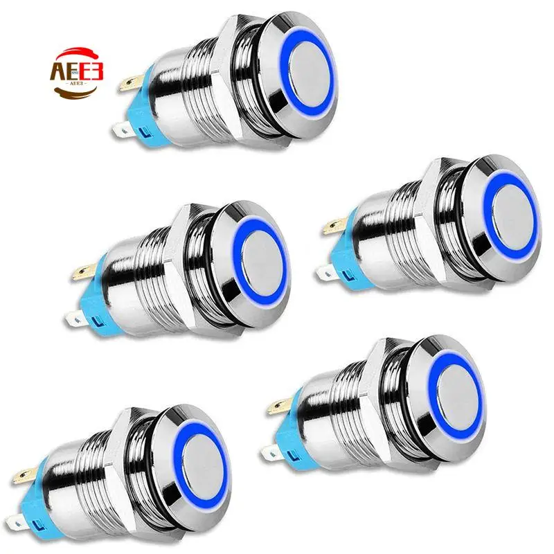 

AEE3-5PCS 12Mm Latching Push Button Switch High Round Cap, Waterproof Metal Push Button Switch With 12V/24V Blue Light