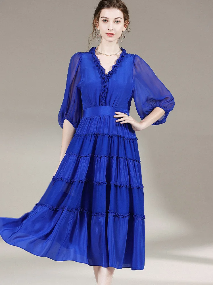 

AYUNSUE 100% Real Mulberry Silk Party Dress Elegant Dresses for Women High-end Summer Woman Clothes Blue Dress Платье Женско
