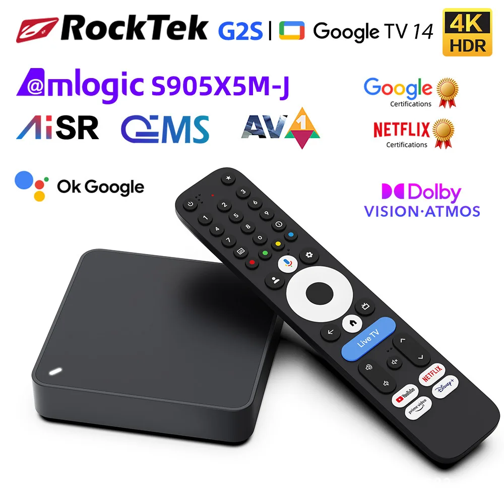 NEW RockTek G2S UHD GTV 14 TVBox Netflix Google Certified S905X5M-J Smart AndroidTV Box Support Dolby Atmos Vision Wifi6 BT5.2