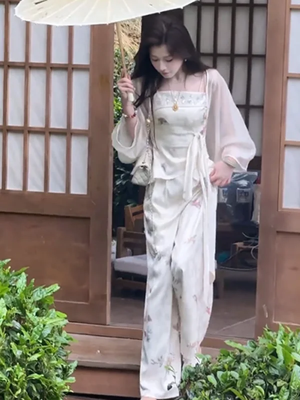 

New Chinese Style Elegant Fairy Atmosphere Strap Top Wide Leg Pants Women's Fashion Set Autumn 2025 Cool Sensation Ensemble
