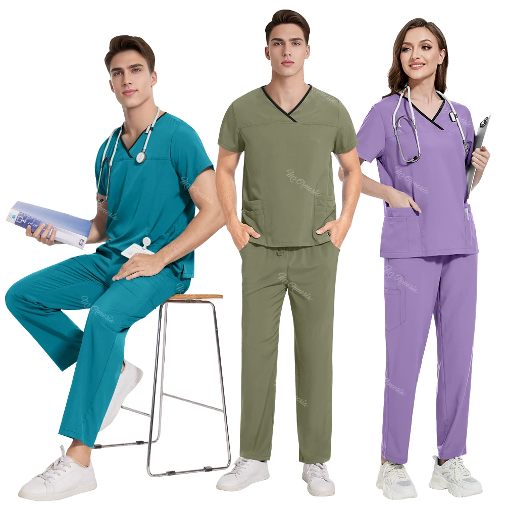 New Y-neck Nurse Uniform Women Men Casual Pharmacy Working Clothes Hospital Medical  Doctor Surgical Uniforms Nursing Pocket Set