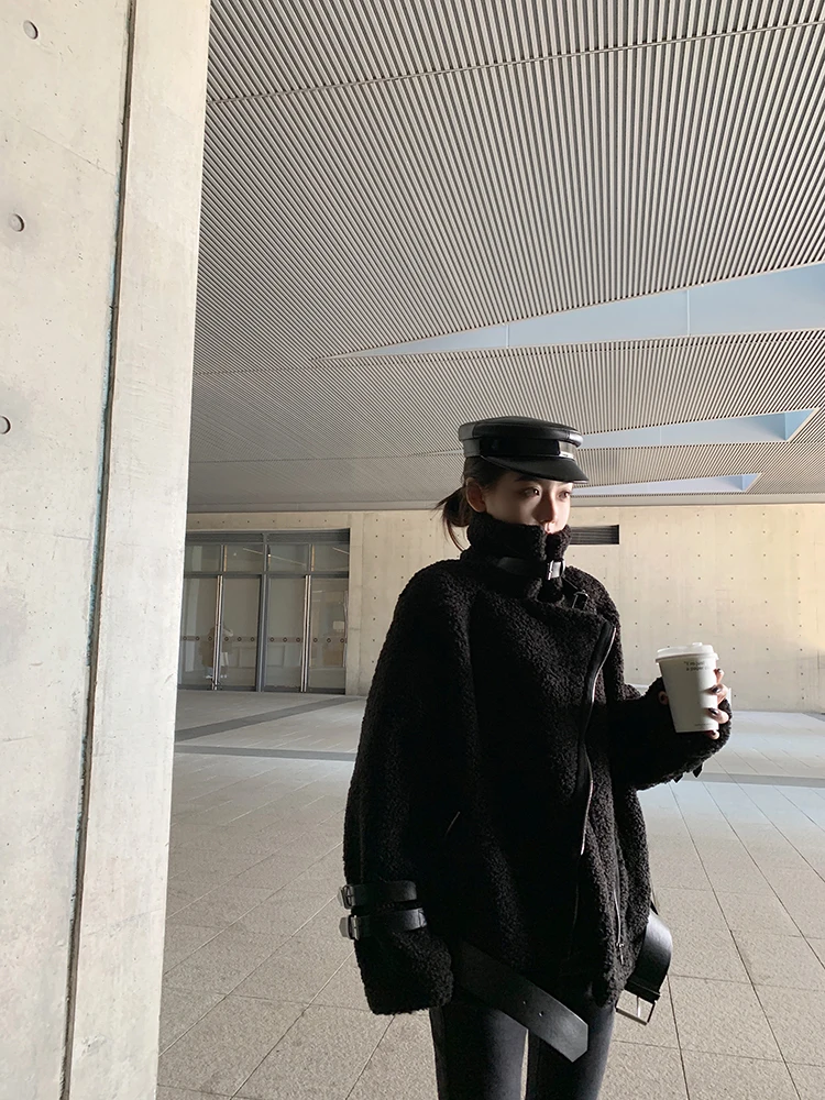 Bla Cherry Jaet feminino de pele de cordeiro para motocicleta Sle Winter Thiened Long Sve com fecho de zíper cor para viagem Faion