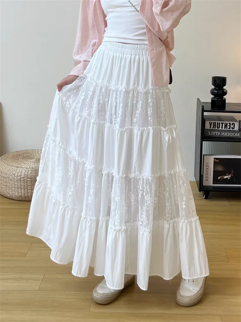 

Spring Summer New Women's Skirt Elastic High Waist Lace Patchwork Hollow Out Solid Color Female A-line Skirts